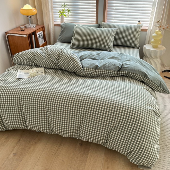 91家纺网 家纺一手货源 找家纺 启程家纺 2026新款全棉A类水洗棉多规格四件套单品-四件套 绿小格