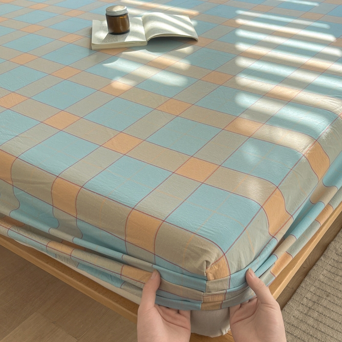 91家纺网 家纺一手货源 找家纺 启程家纺 2026新款全棉A类水洗棉多规格四件套单品-单床笠 云华绿大格