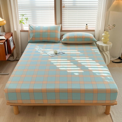 91家纺网 家纺一手货源 找家纺 启程家纺 2026新款全棉A类水洗棉多规格四件套单品-单床笠 云华绿大格