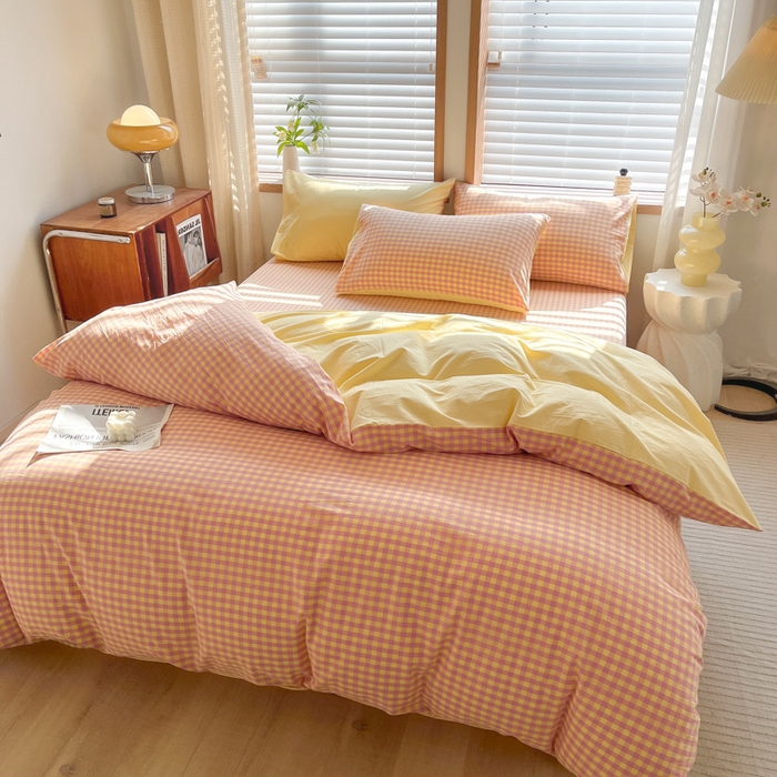 91家纺网 家纺一手货源 找家纺 启程家纺 2026新款全棉A类水洗棉多规格四件套单品-四件套 黄粉小格