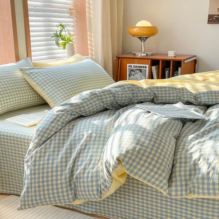 91家纺网 家纺一手货源 找家纺 启程家纺 2026新款全棉A类水洗棉多规格四件套单品-四件套 蓝黄小格