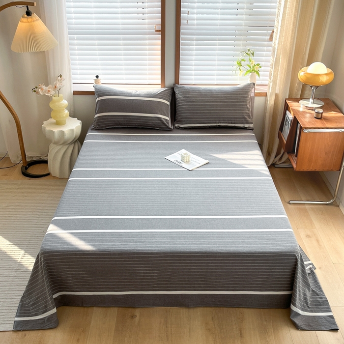 91家纺网 家纺一手货源 找家纺 启程家纺 2026新款全棉A类水洗棉多规格四件套单品-单床单 深灰条