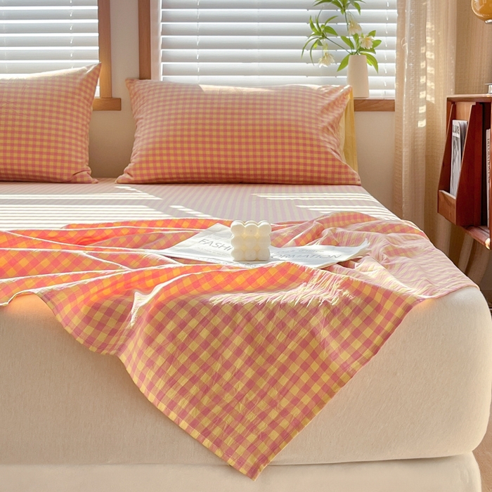 91家纺网 家纺一手货源 找家纺 启程家纺 2026新款全棉A类水洗棉多规格四件套单品-单床单 黄粉小格