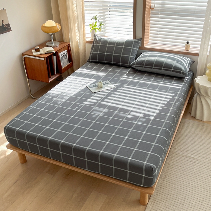 91家纺网 家纺一手货源 找家纺 启程家纺 2026新款全棉A类水洗棉多规格四件套单品-单床笠 暗灰中格