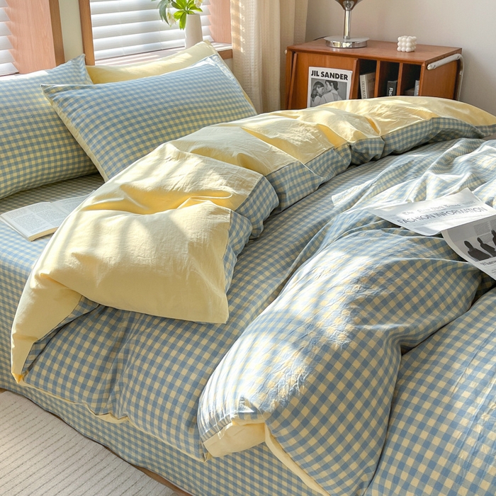 91家纺网 家纺一手货源 找家纺 启程家纺 2026新款全棉A类水洗棉多规格四件套单品-四件套 蓝黄小格