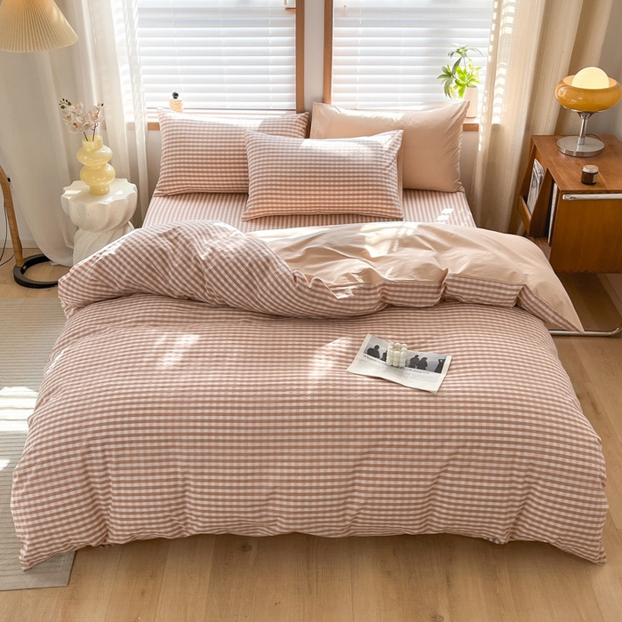 91家纺网 家纺一手货源 找家纺 启程家纺 2026新款全棉A类水洗棉多规格四件套单品-四件套 粉小格