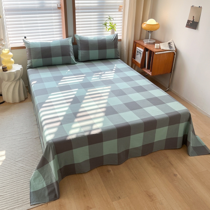 91家纺网 家纺一手货源 找家纺 启程家纺 2026新款全棉A类水洗棉多规格四件套单品-单床单 绿灰大格