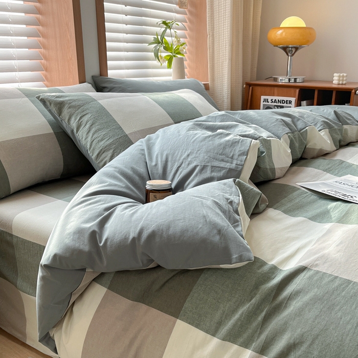 91家纺网 家纺一手货源 找家纺 启程家纺 2026新款全棉A类水洗棉多规格四件套单品-四件套 绿大格