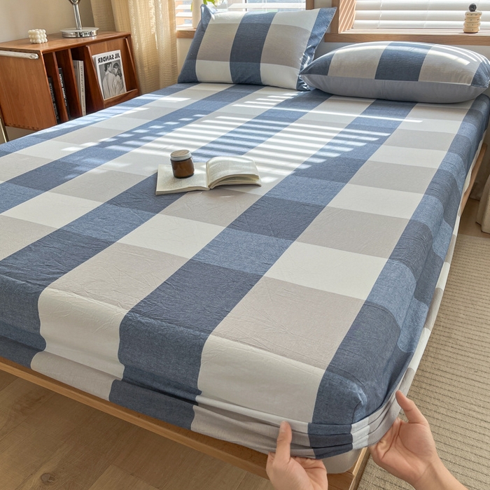 91家纺网 家纺一手货源 找家纺 启程家纺 2026新款全棉A类水洗棉多规格四件套单品-单床笠 蓝大格