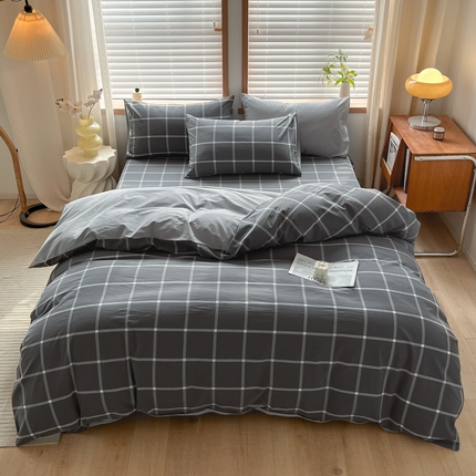 启程家纺 2026新款全棉A类水洗棉多规格四件套单品-四件套 暗灰中格