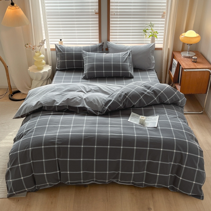 91家纺网 家纺一手货源 找家纺 启程家纺 2026新款全棉A类水洗棉多规格四件套单品-四件套 暗灰中格