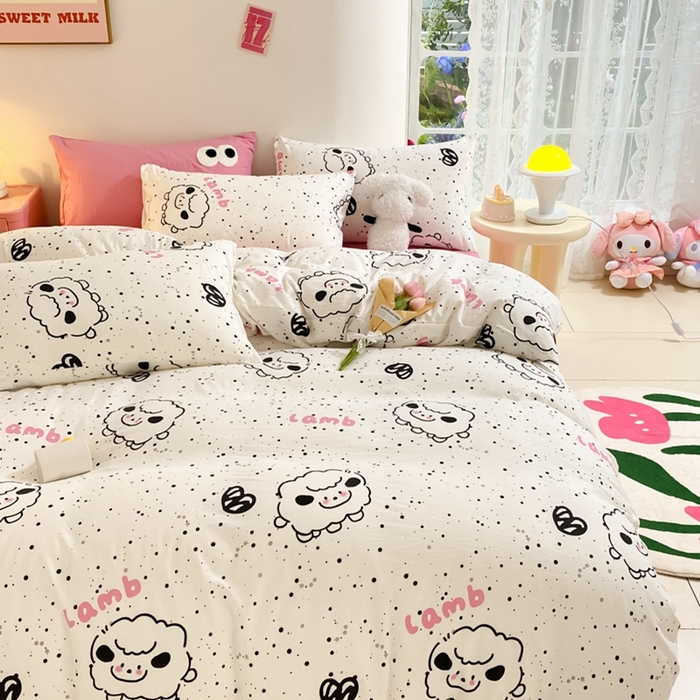 91家纺网 家纺一手货源 找家纺 葡萄家 2024新款双层纱云柔水洗棉萌趣卡通系列四件套（提供买家秀联系客服） 小羊咩咩
