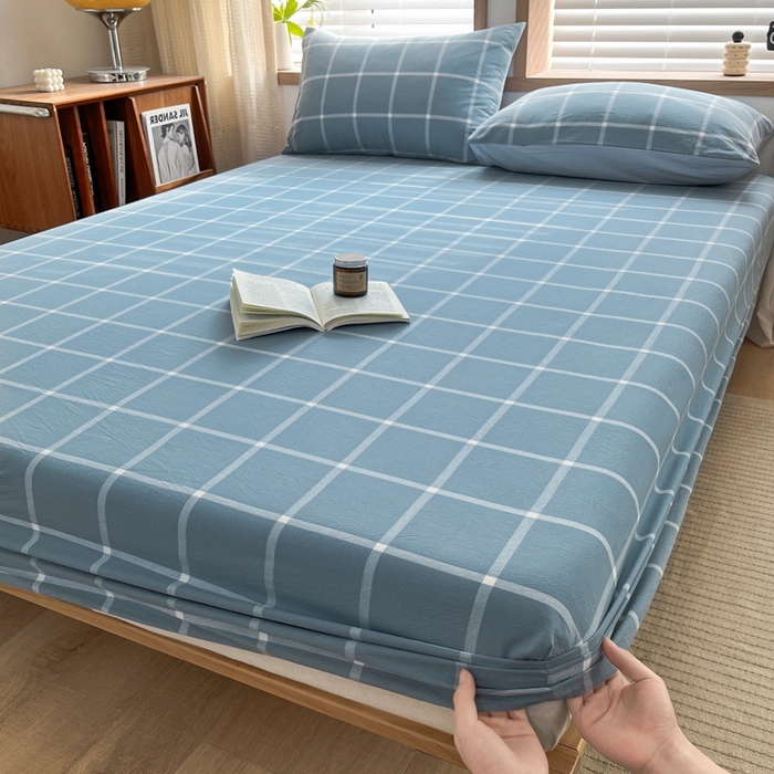 91家纺网 家纺一手货源 找家纺 启程家纺 2026新款全棉A类水洗棉多规格四件套单品-单床笠 蓝灰中格