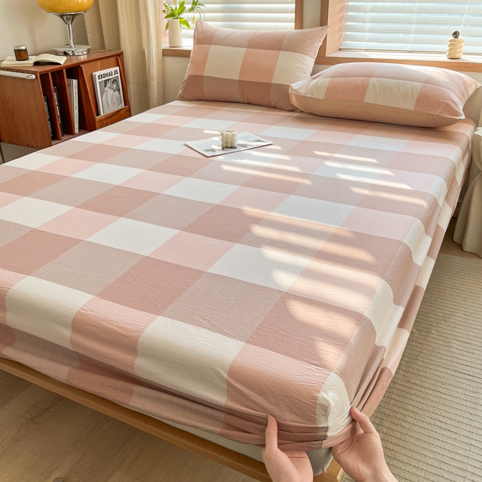 91家纺网 家纺一手货源 找家纺 启程家纺 2026新款全棉A类水洗棉多规格四件套单品-单床笠 粉大格