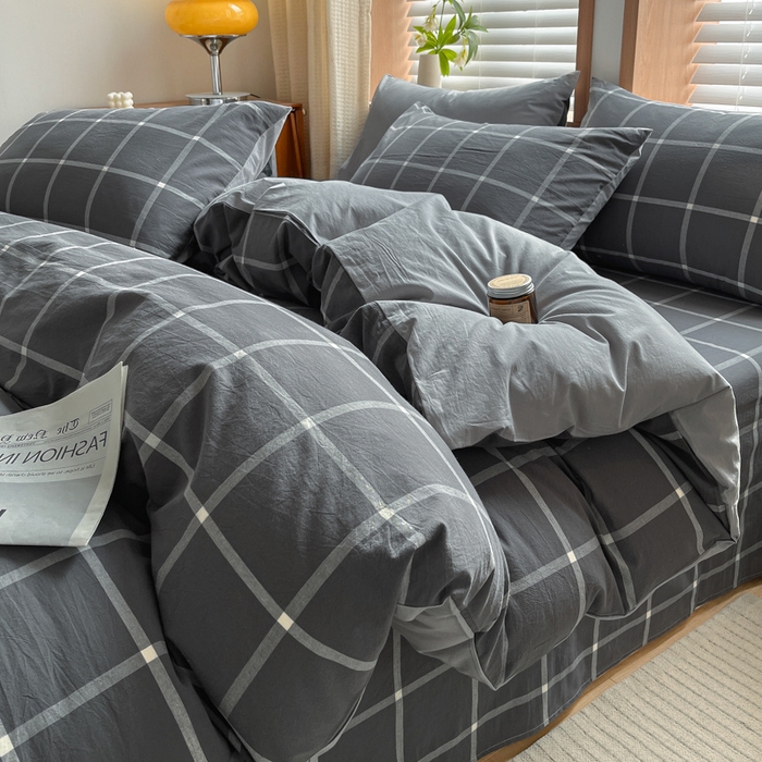 91家纺网 家纺一手货源 找家纺 启程家纺 2026新款全棉A类水洗棉多规格四件套单品-四件套 暗灰中格