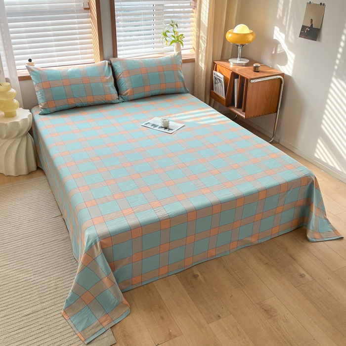 91家纺网 家纺一手货源 找家纺 启程家纺 2026新款全棉A类水洗棉多规格四件套单品-单床单 云华绿大格