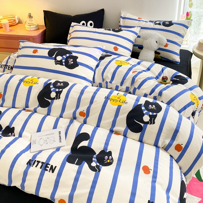 91家纺网 家纺一手货源 找家纺 葡萄家 2024新款双层纱云柔水洗棉萌趣卡通系列四件套（提供买家秀联系客服） 蓝小猫