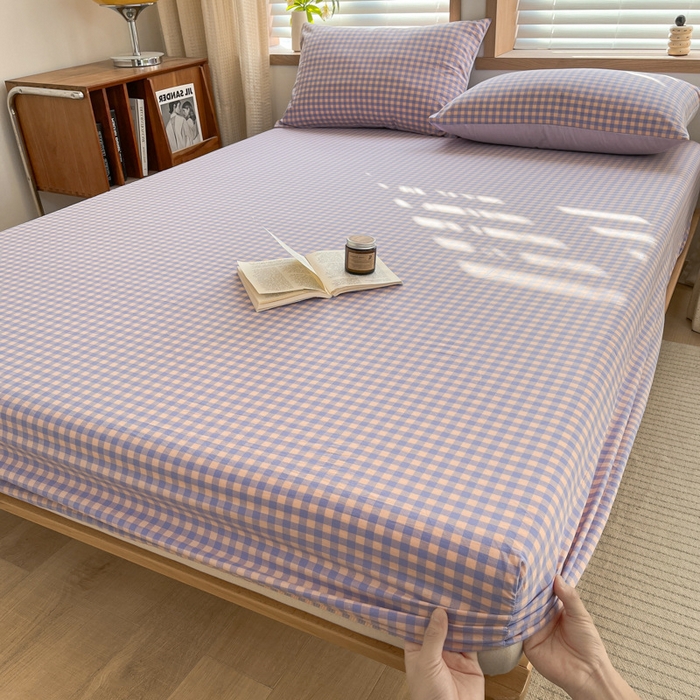 91家纺网 家纺一手货源 找家纺 启程家纺 2026新款全棉A类水洗棉多规格四件套单品-单床笠 紫粉小格