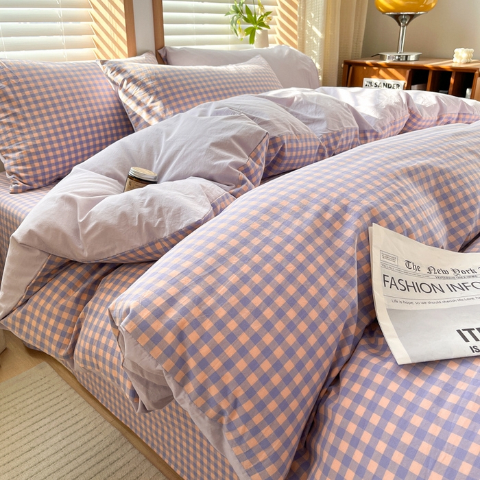 91家纺网 家纺一手货源 找家纺 启程家纺 2026新款全棉A类水洗棉多规格四件套单品-四件套 紫粉小格