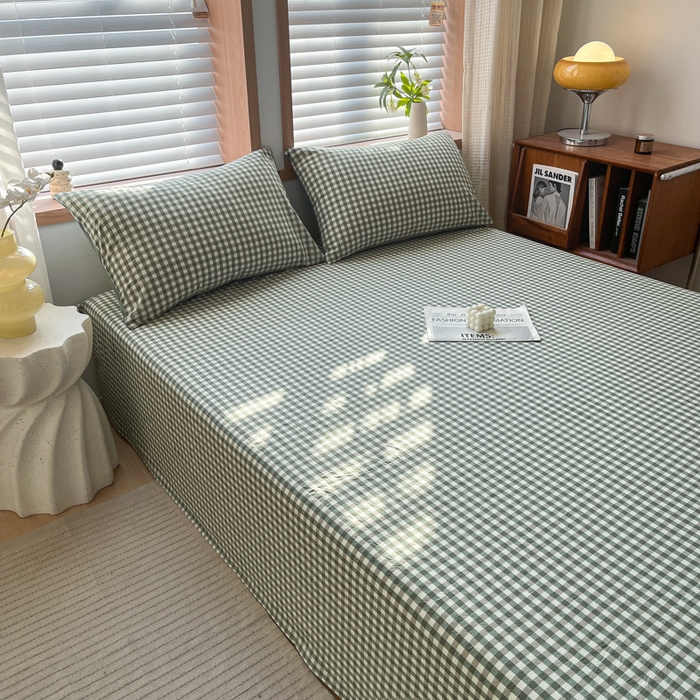 91家纺网 家纺一手货源 找家纺 启程家纺 2026新款全棉A类水洗棉多规格四件套单品-单床单 绿小格