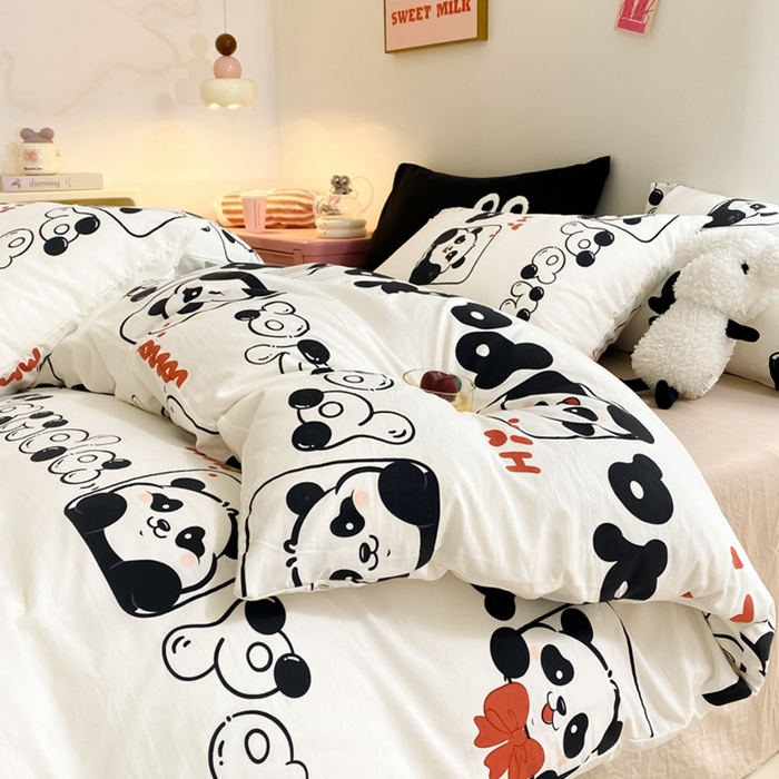 91家纺网 家纺一手货源 找家纺 葡萄家 2024新款双层纱云柔水洗棉萌趣卡通系列四件套（提供买家秀联系客服） 可爱熊猫