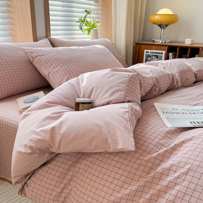 91家纺网 家纺一手货源 找家纺 启程家纺 2026新款全棉A类水洗棉多规格四件套单品-四件套 粉小方格