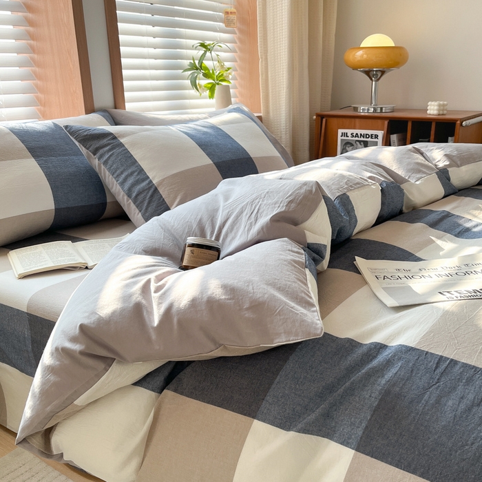 91家纺网 家纺一手货源 找家纺 启程家纺 2026新款全棉A类水洗棉多规格四件套单品-四件套 蓝大格