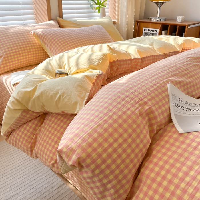 91家纺网 家纺一手货源 找家纺 启程家纺 2026新款全棉A类水洗棉多规格四件套单品-四件套 黄粉小格