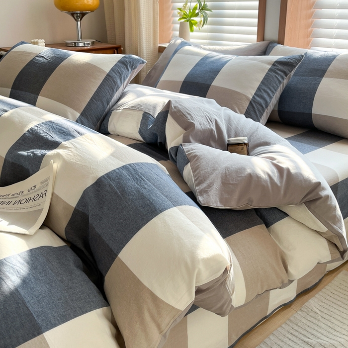 91家纺网 家纺一手货源 找家纺 启程家纺 2026新款全棉A类水洗棉多规格四件套单品-四件套 蓝大格