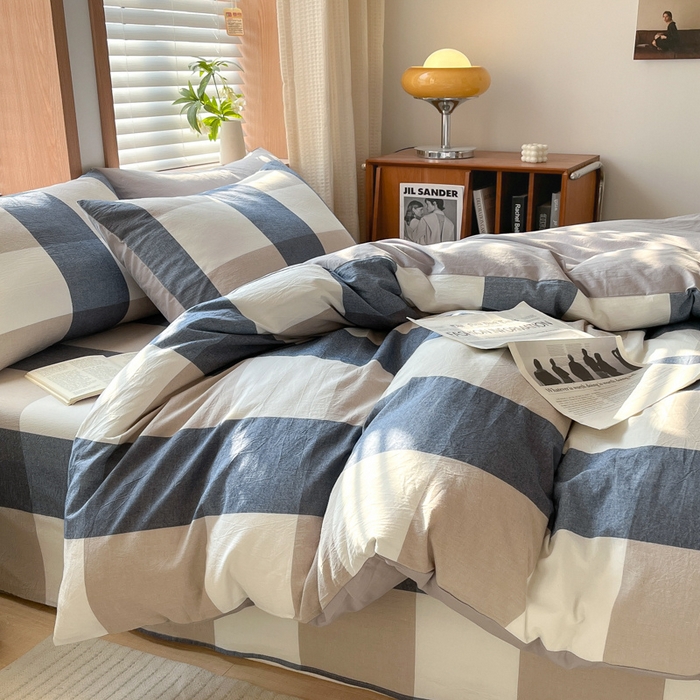 91家纺网 家纺一手货源 找家纺 启程家纺 2026新款全棉A类水洗棉多规格四件套单品-四件套 蓝大格