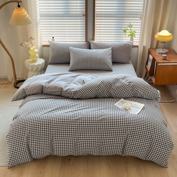 91家纺网 家纺一手货源 找家纺 启程家纺 2026新款全棉A类水洗棉多规格四件套单品-四件套 灰小格