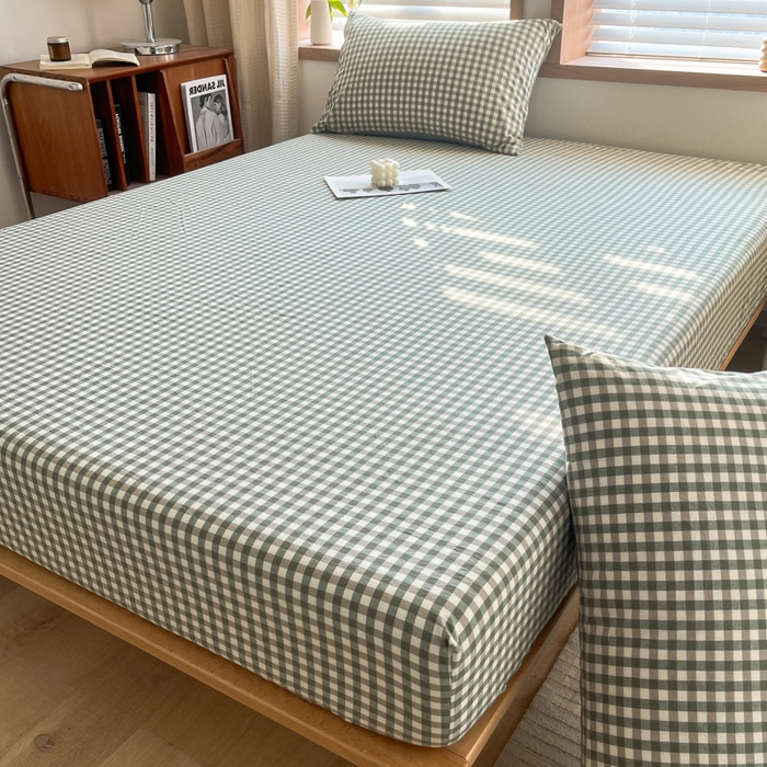 91家纺网 家纺一手货源 找家纺 启程家纺 2026新款全棉A类水洗棉多规格四件套单品-单床笠 绿小格