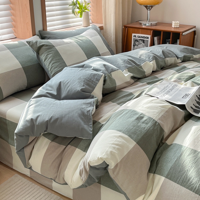 91家纺网 家纺一手货源 找家纺 启程家纺 2026新款全棉A类水洗棉多规格四件套单品-四件套 绿大格