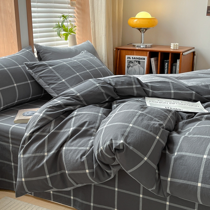 91家纺网 家纺一手货源 找家纺 启程家纺 2026新款全棉A类水洗棉多规格四件套单品-四件套 暗灰中格