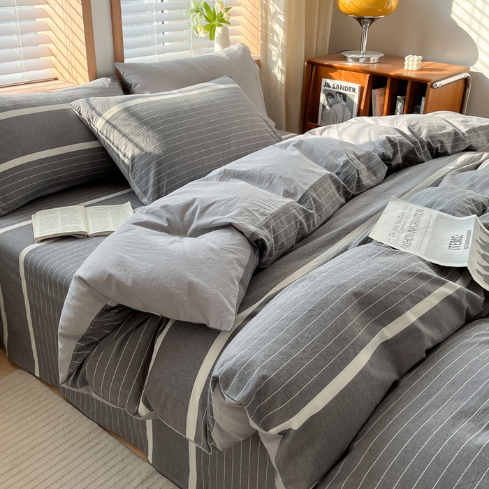 91家纺网 家纺一手货源 找家纺 启程家纺 2026新款全棉A类水洗棉多规格四件套单品-四件套 深灰条