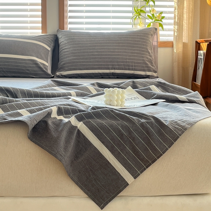 91家纺网 家纺一手货源 找家纺 启程家纺 2026新款全棉A类水洗棉多规格四件套单品-单床单 深灰条