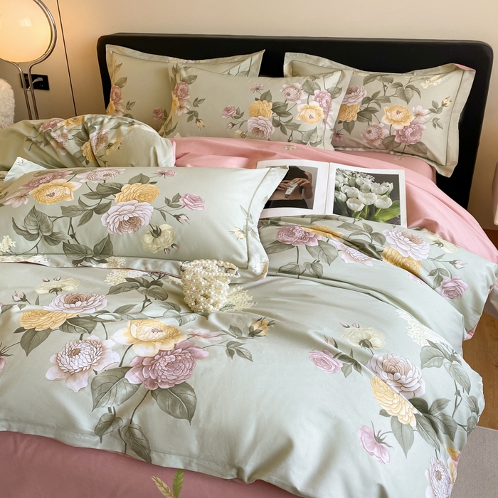 91家纺网 家纺一手货源 找家纺 格里芬家纺 2025新款全棉四件套13376纯棉印花四件套 花绘-绿