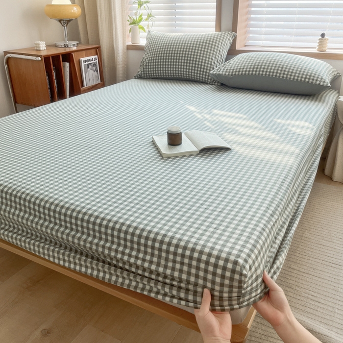 91家纺网 家纺一手货源 找家纺 启程家纺 2026新款全棉A类水洗棉多规格四件套单品-单床笠 绿小格