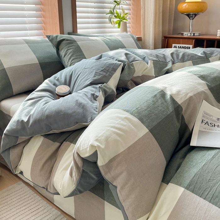 91家纺网 家纺一手货源 找家纺 启程家纺 2026新款全棉A类水洗棉多规格四件套单品-四件套 绿大格