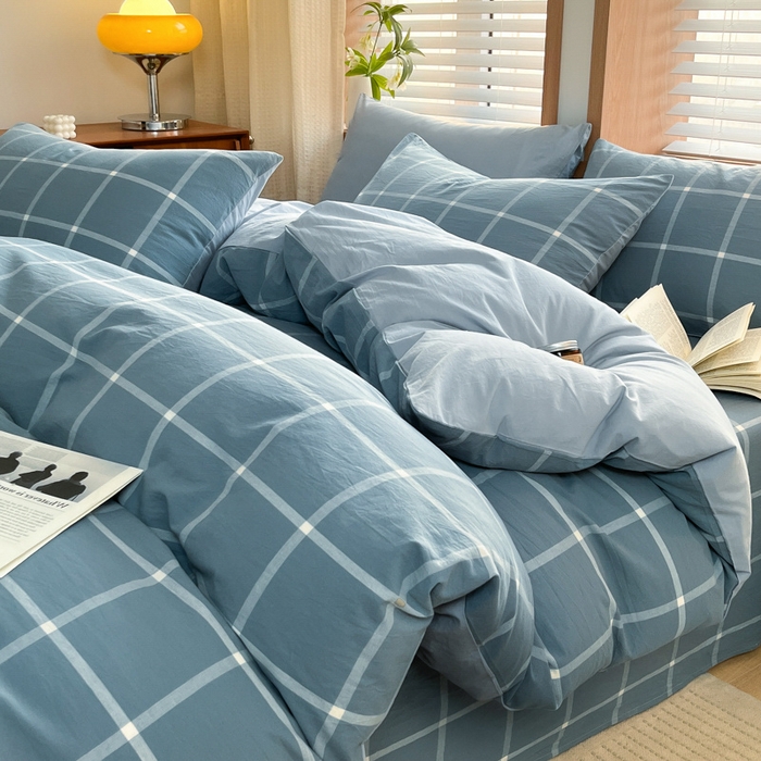 91家纺网 家纺一手货源 找家纺 启程家纺 2026新款全棉A类水洗棉多规格四件套单品-四件套 蓝灰中格