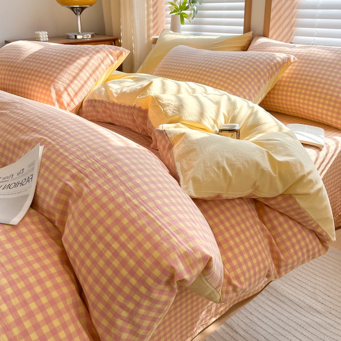 91家纺网 家纺一手货源 找家纺 启程家纺 2026新款全棉A类水洗棉多规格四件套单品-四件套 黄粉小格