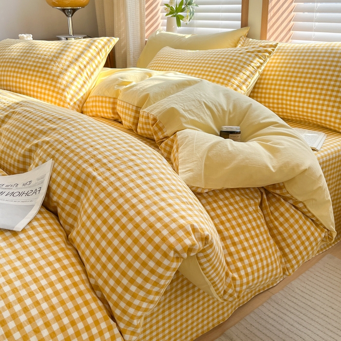 91家纺网 家纺一手货源 找家纺 启程家纺 2026新款全棉A类水洗棉多规格四件套单品-四件套 黄小格