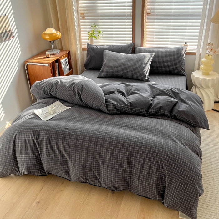 91家纺网 家纺一手货源 找家纺 启程家纺 2026新款全棉A类水洗棉多规格四件套单品-四件套 灰小方格