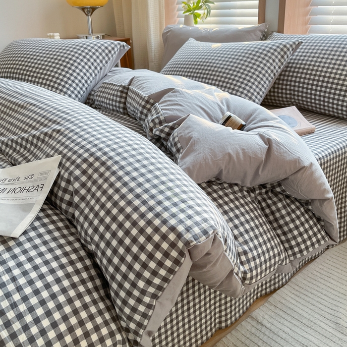 91家纺网 家纺一手货源 找家纺 启程家纺 2026新款全棉A类水洗棉多规格四件套单品-四件套 灰小格