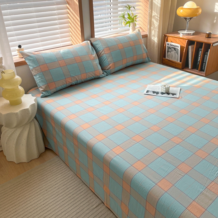 91家纺网 家纺一手货源 找家纺 启程家纺 2026新款全棉A类水洗棉多规格四件套单品-单床单 云华绿大格