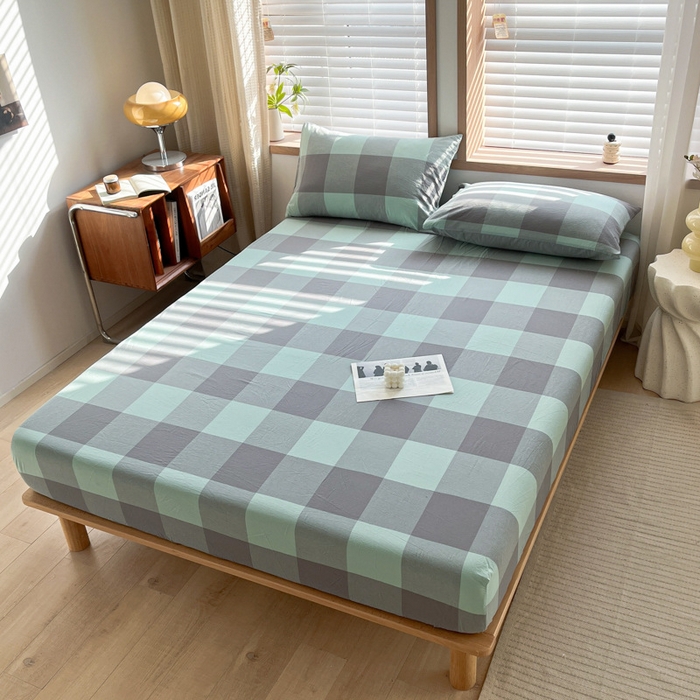 91家纺网 家纺一手货源 找家纺 启程家纺 2026新款全棉A类水洗棉多规格四件套单品-单床笠 绿灰大格