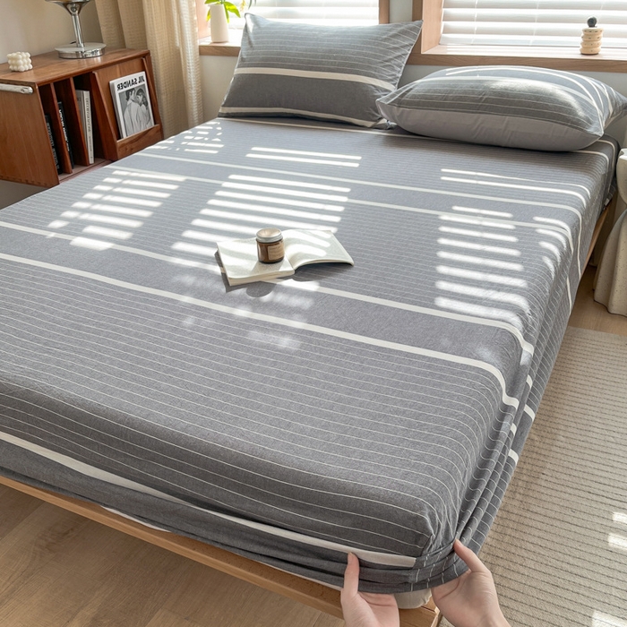 91家纺网 家纺一手货源 找家纺 启程家纺 2026新款全棉A类水洗棉多规格四件套单品-单床笠 深灰条