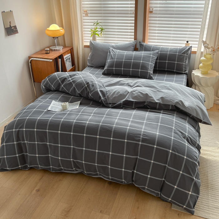 91家纺网 家纺一手货源 找家纺 启程家纺 2026新款全棉A类水洗棉多规格四件套单品-四件套 暗灰中格