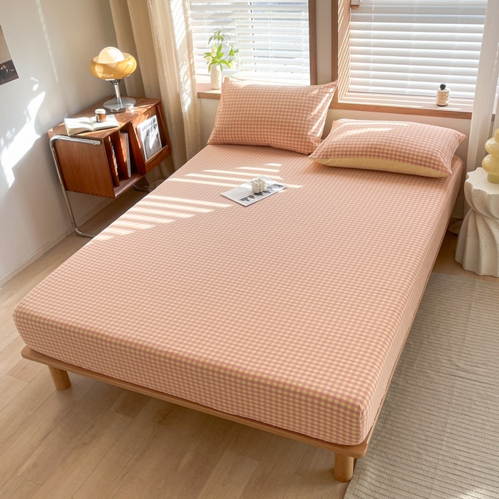 91家纺网 家纺一手货源 找家纺 启程家纺 2026新款全棉A类水洗棉多规格四件套单品-单床笠 黄粉小格