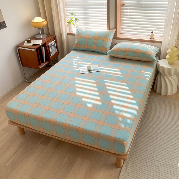 91家纺网 家纺一手货源 找家纺 启程家纺 2026新款全棉A类水洗棉多规格四件套单品-单床笠 云华绿大格